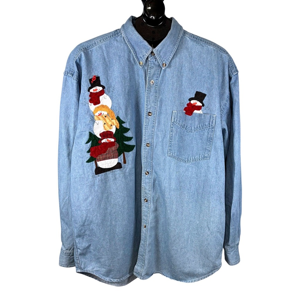 Salute Oleg Cassini Vintage Christmas Snowman Denim Button Down Shirt XL Womens